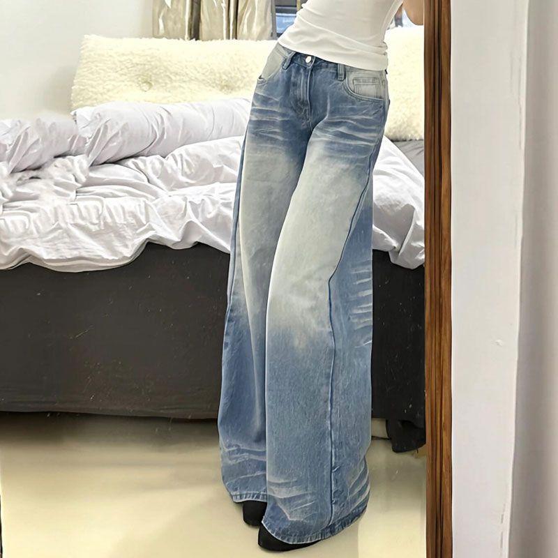 Comfortable Crease Retro Old Done Wide Leg Jeans Women Spring and Summer Loose High Waist Skinny Washed Straight Drag Floor Trousers Long Denim Pants