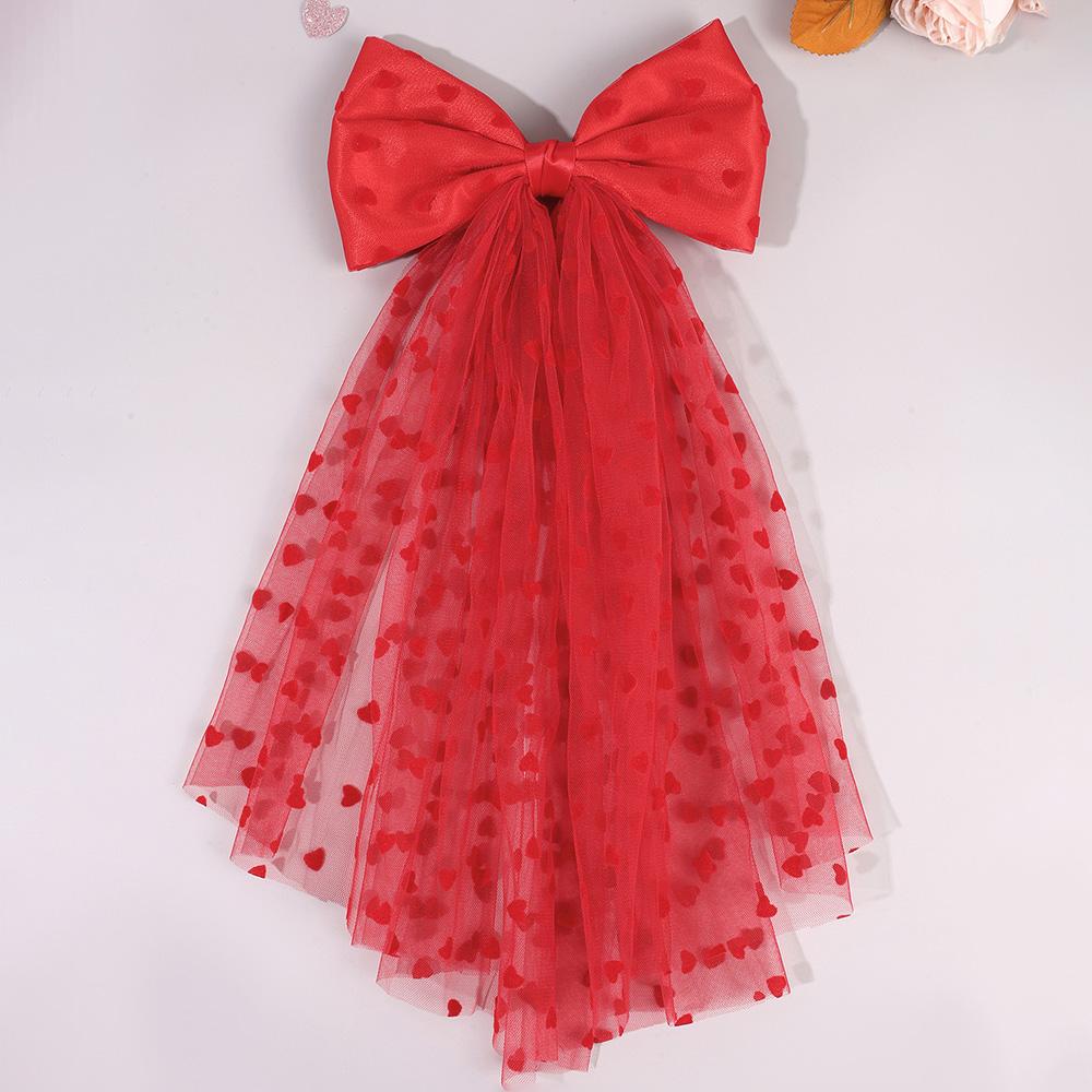 Heart Print Mesh Bow Hair Clips For Women Romantic Red Tull Ponytail Hairpins Girls Valentine's Day Headwear Hair Accessories