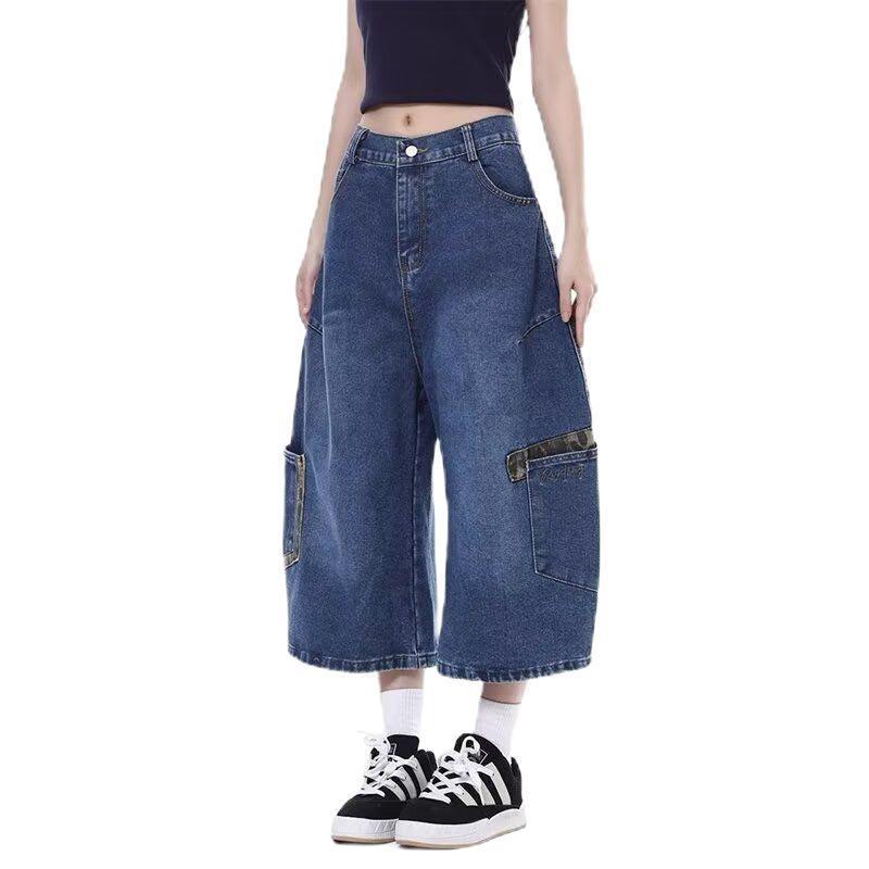 Pants Men's and Women's High Street Multi-pocket Loose Tooling Shorts Large Size Guochao Camouflage Splicing Scimitar Denim