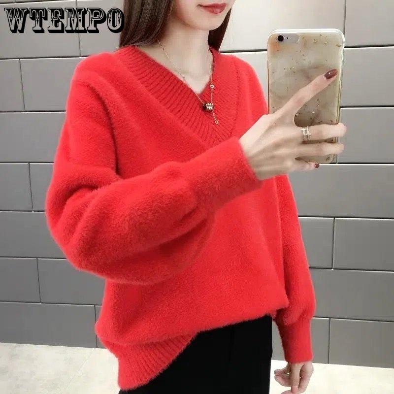 V-neck Mink Sweater Thickened Knitted Jumper Female Korean Style Pullover Loose Casual Sweater Winter Warm Outwear Bottming Tops
