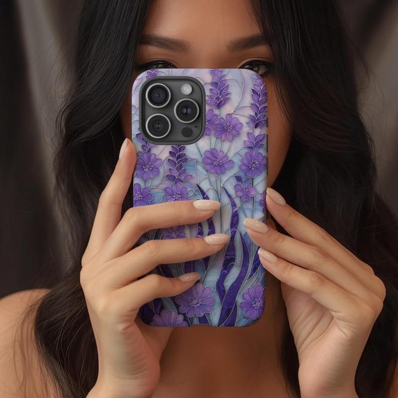Coque de téléphone Vitrail Lavande Mosaïque Florale Jardin Coque de téléphone compatible pour iPhone 17 Air 16 15 14 13 12 Pro Max Plus Double couche