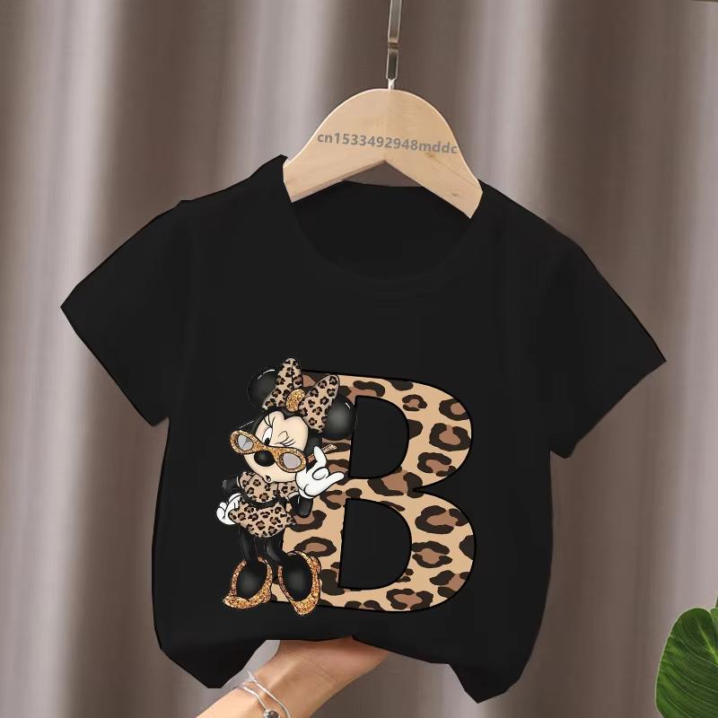 Mouse Leopard Letter A B C Name Print Unisex Women Tops Kids Tshirt Clothes Black Short Sleeve Black T Shirt