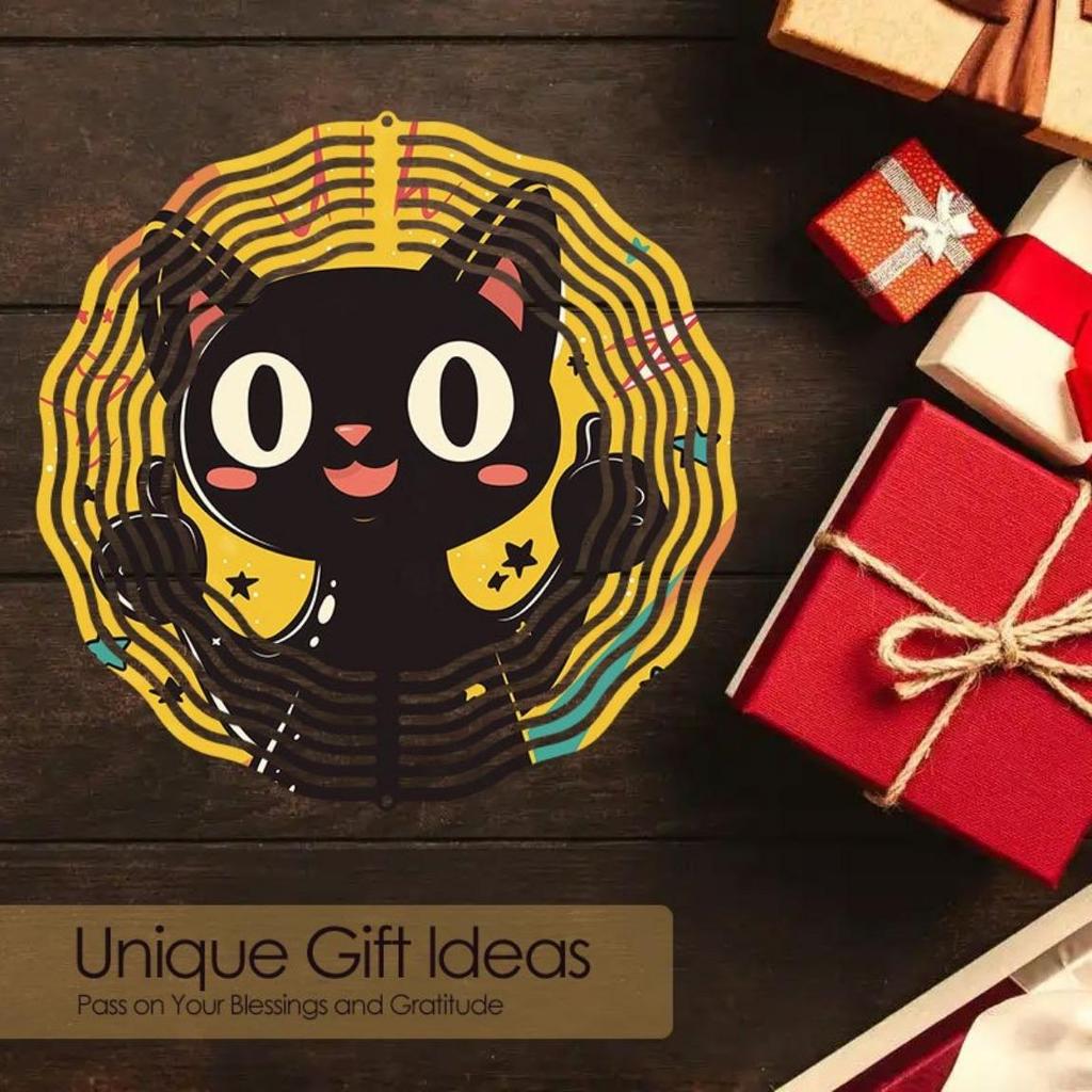 Cute Black Cat Wind Spinner Outdoor Decorative Kinetic Yard Art Hanging Wind Chime for Halloween Christmas Thanksgiving Durable Metal Garden Decor