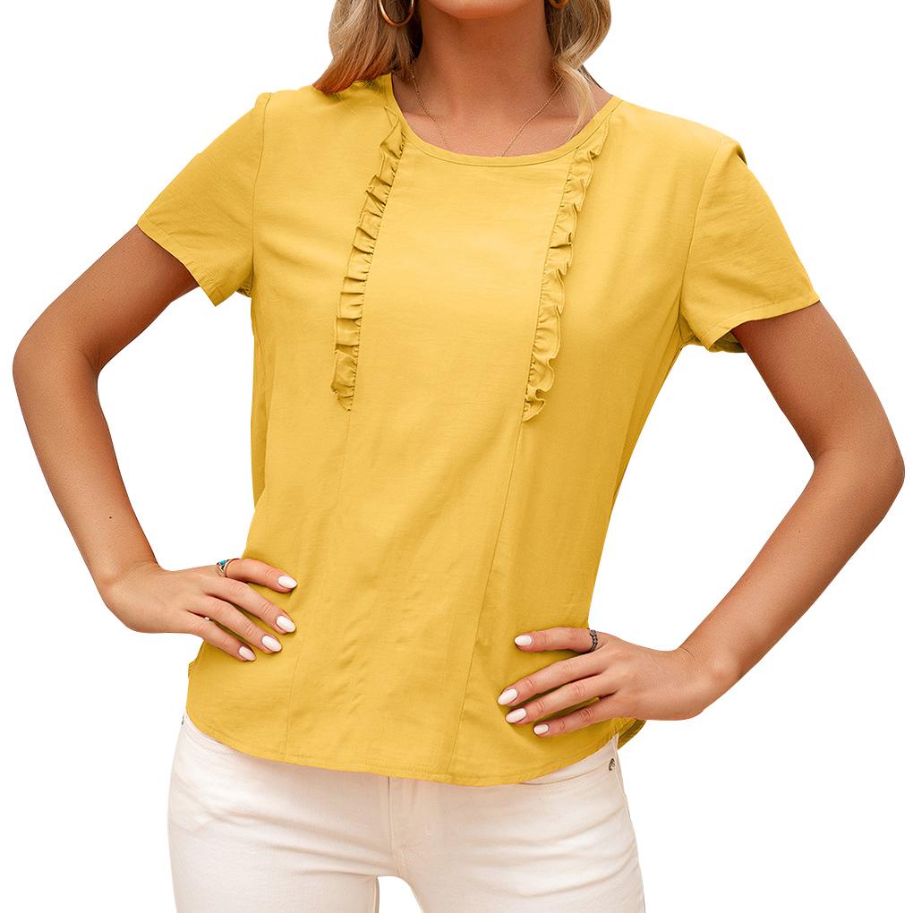 

Women Ruffled Keyhole Back Round Neck Short Sleeve Blouse xl