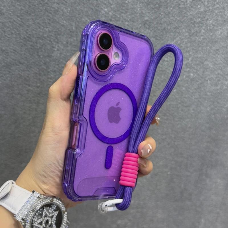 Glitter Transparent Magnetic For Magsafe Case For iPhone 17 15 14 Plus 13 16 Pro Max Wrist Strap Lanyard Shockproof Armor Cover