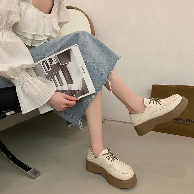 Fashion Platform Loafers Women Shoes Spring Anti-Slip Small Leather Shoes for Women Classic Round Toe White Women's Casual Shoes