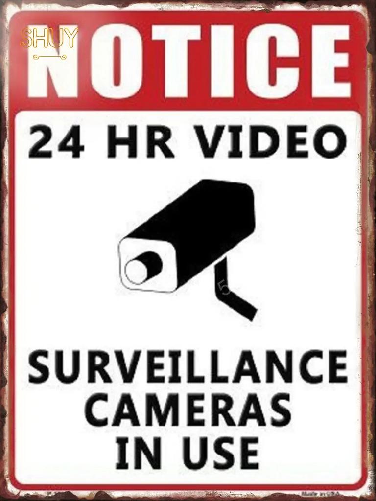 Retro Metal Tin Sign S Warning Red 24 Hour Video Surveillance Custom Painting Picture for Shop Bar Cafe English &Spanish Word