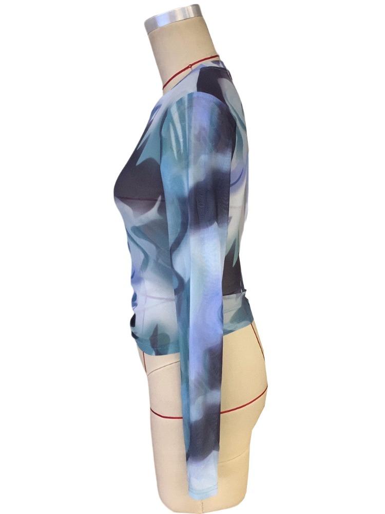 Spring Elegant Ladies Printed Round Neck Mesh Slim Long Sleeve Top Women Versatile Closet Essential Fashion Items Shirt