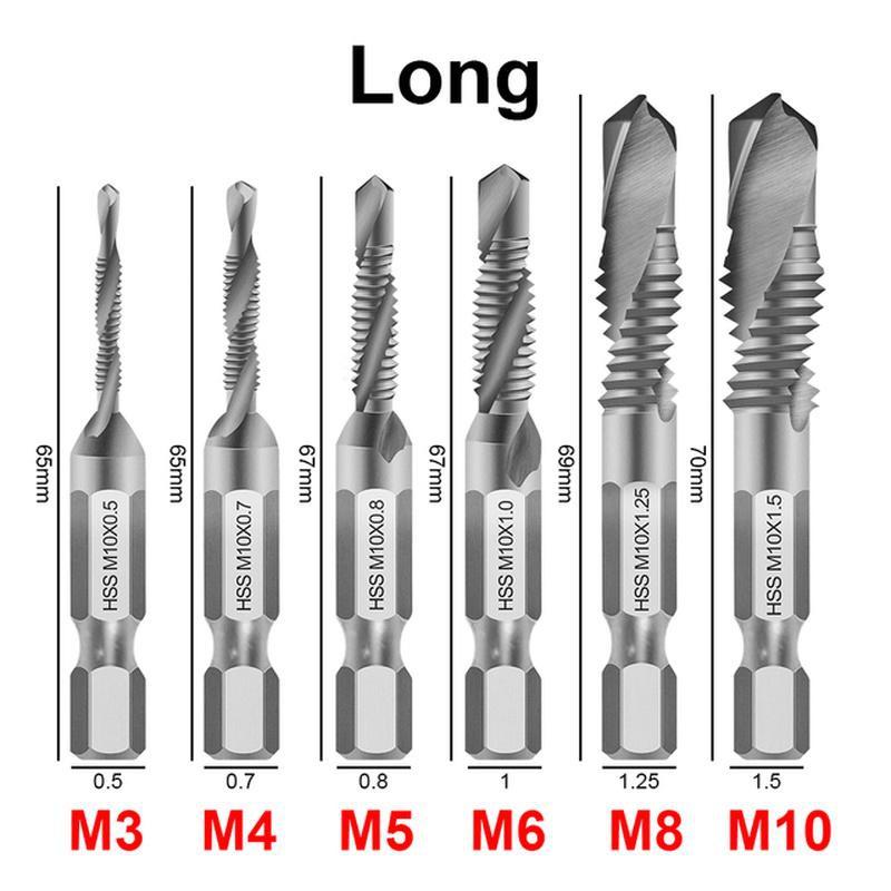 6Pcs HSS Screw Thread Metric Tap Drill Bits Titanium Plated Hex Shank M3 M4 M5 M6 M8 M10 for Hand Tools Screw Machine