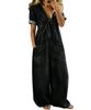 Women Casual Loose Fit Short Sleeve V Neck Washed Denim Pocket Jumpsuit Wide Leg Romper with Tie Front Detail