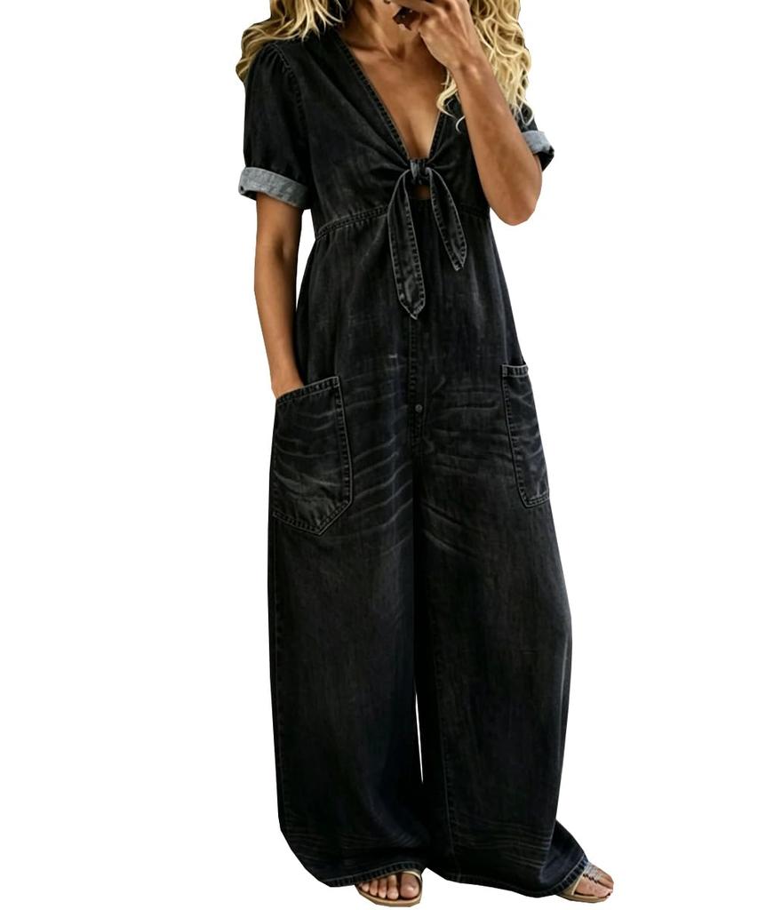 Women Casual Loose Fit Short Sleeve V Neck Washed Denim Pocket Jumpsuit Wide Leg Romper with Tie Front Detail