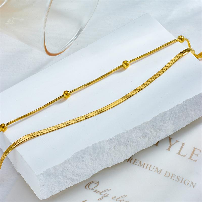 Fashion Minimalist Versatile Layered Double Chain Round Bead Gold Anklet