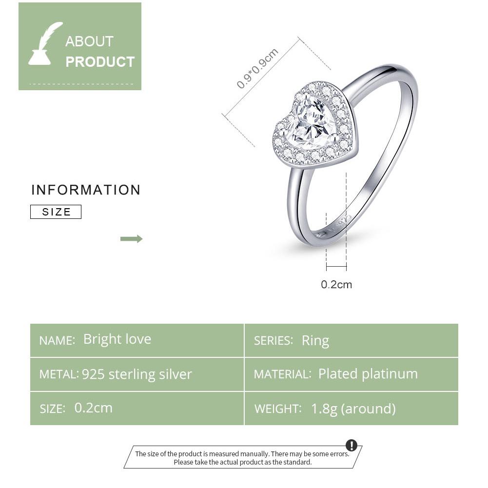WOSTU 925 Sterling Silver Bright Love Rings Shining Heart Zircon Finger Ring For Women Elegant Silver Jewelry CQR725