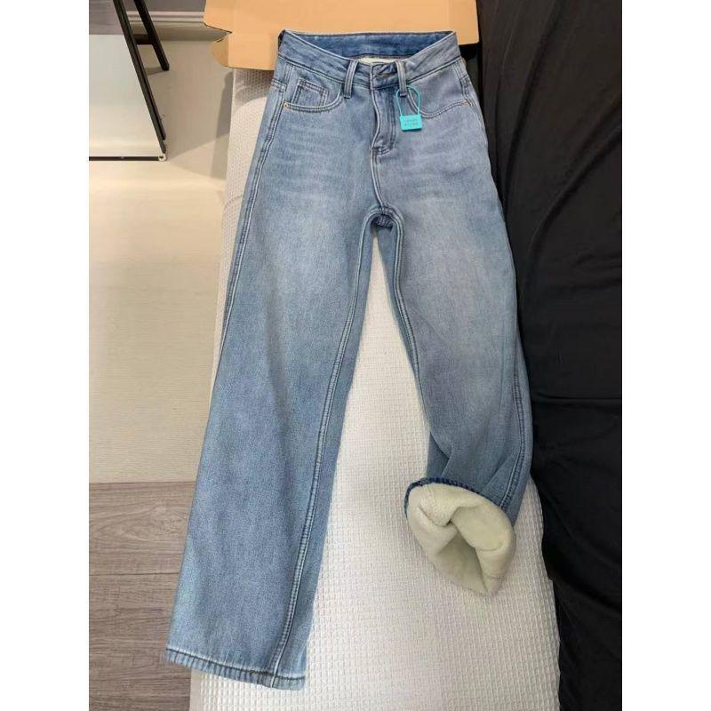 2025 Women's High Waist Retro Blue Fleece-Lined Straight Leg Jeans for Autumn/Winter - Slim Fit and Wide Leg
