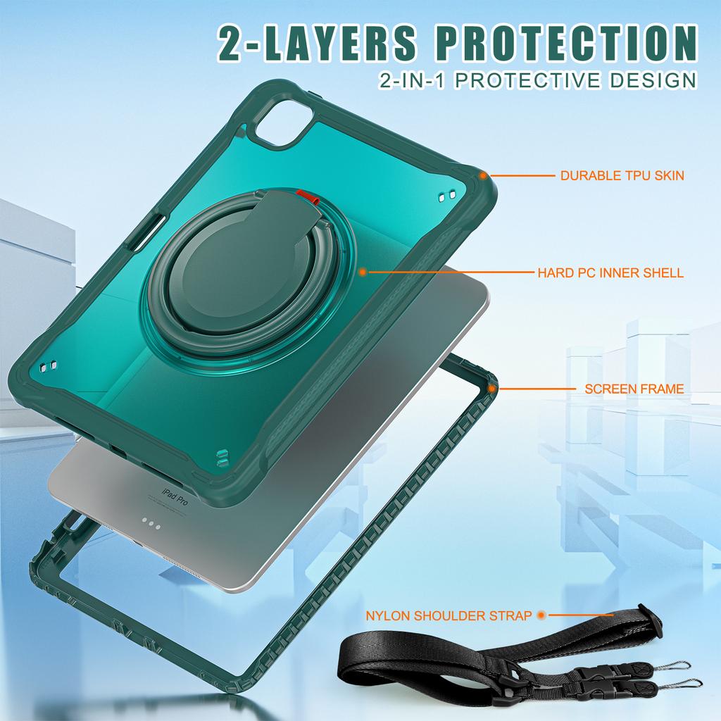 For iPad Pro 11 (2025)/11 (2024) Case Rotary Kickstand PC+TPU+Silicone Cover with Shoulder Strap