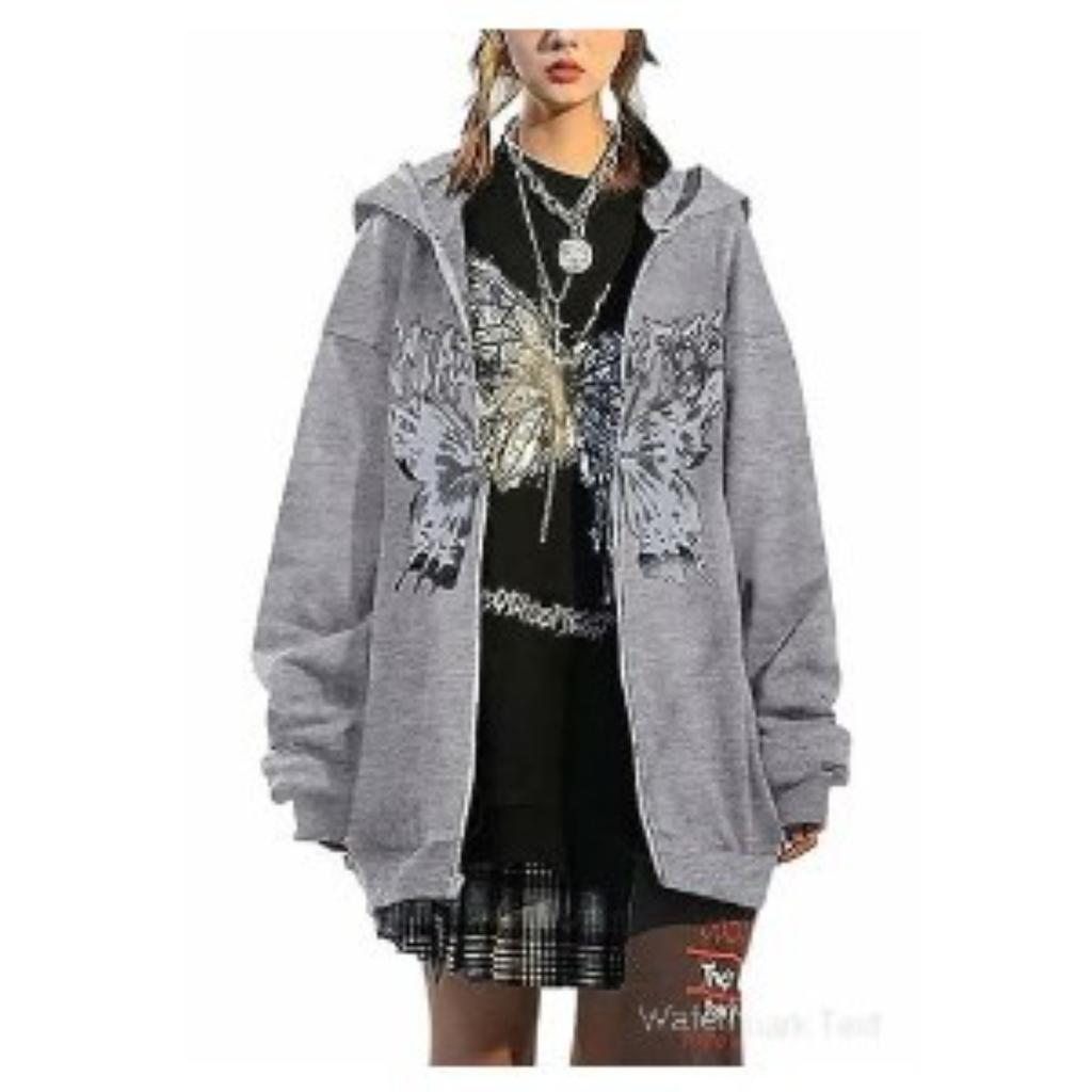 Women's Hooded Zip Up Loose Fit Long Sleeve Printed Butterfly Casual Cardigan Sweatshirt Jacket