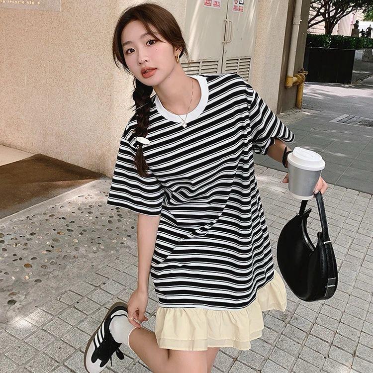 

Playful summer new Korean version loose lazy wind sweet temperament age-reducing ruffle edge fishtail skirt striped dress M