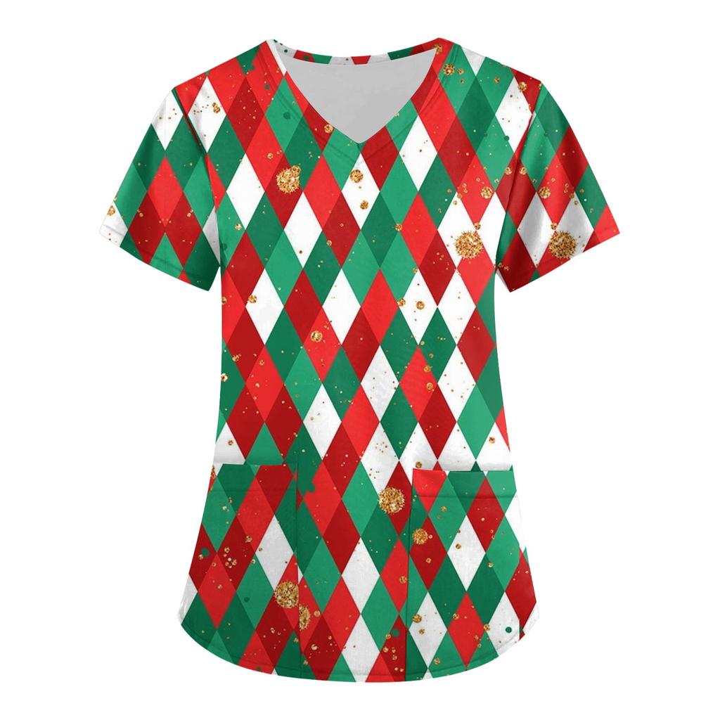 Women's Fashion V-neck Short Sleeve Workwear With Pockets Christmas Printed Tops