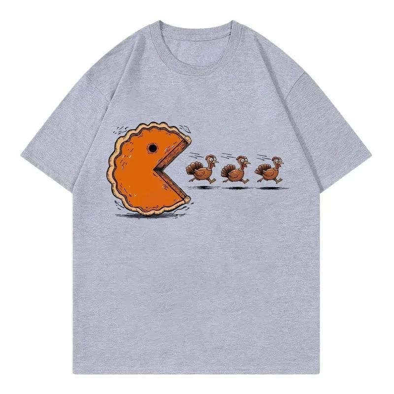 Funny Pumpkin Pie Chasing Turkey Print T Shirt Women Fashion Short Sleeve T-shirt Summer Casual RoundNeck Streetwear Clothing
