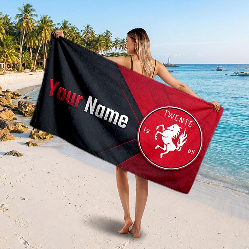 FC Twente Custom Beach Towel, Personalized Name Text Print, Football Logo Soft Quick‑Dry Towel Holiday Gift