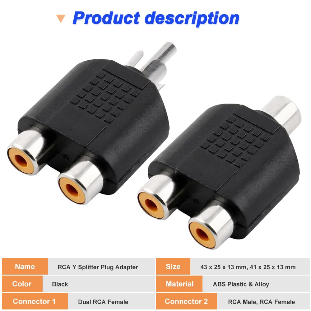 Xiatiaosann RCA Y Splitter RCA 1 Male to 2 Female Phono Connector AV Video Y Splitter RCA 1 Female to 2 Female Phono Connector AV Video Y Splitter for