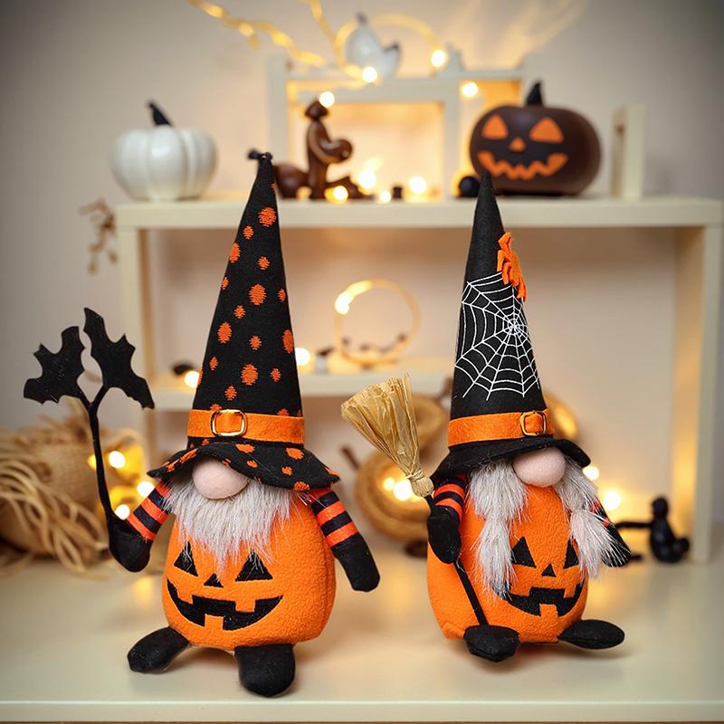 Halloweenské trpasličí dekorace, Ručně vyráběné ozdoby s dýní a netopýrem, Švédský Tomte, Severská plyšová elfí panenka Nisse, Rozkošný trpaslík