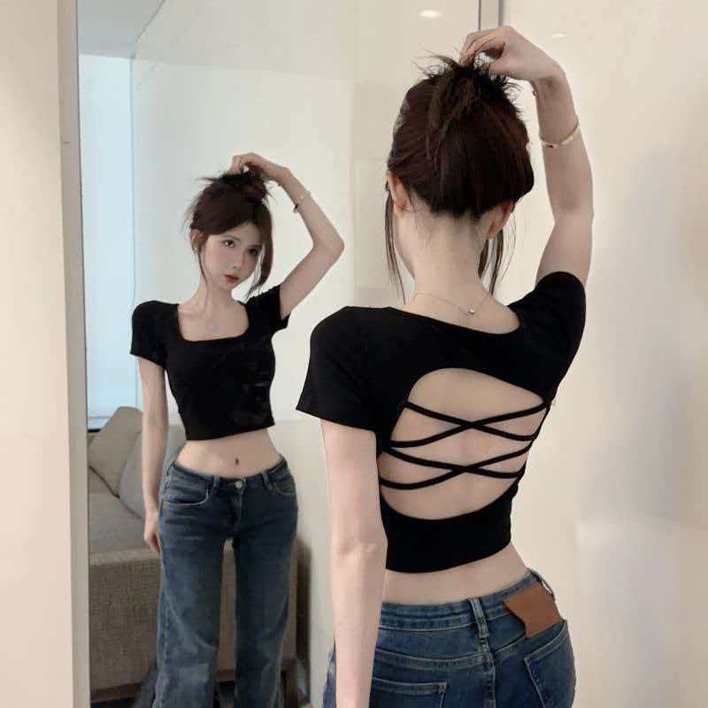 Pure desire design back hollow square neck short-sleeved T-shirt women's summer new slim mind machine backless top