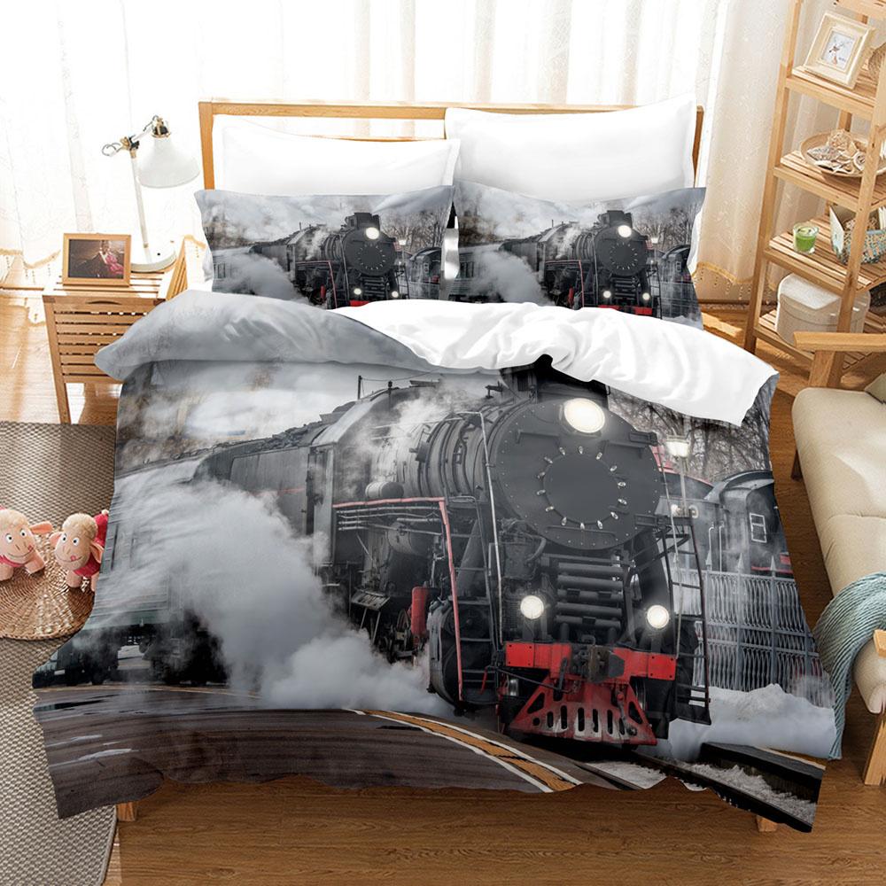 Steam Engine Duvet Cover Set Black Smoke Vintage Locomotive Train Picture King Queen Size For Kid Boy Girl Polyester Bedding Set