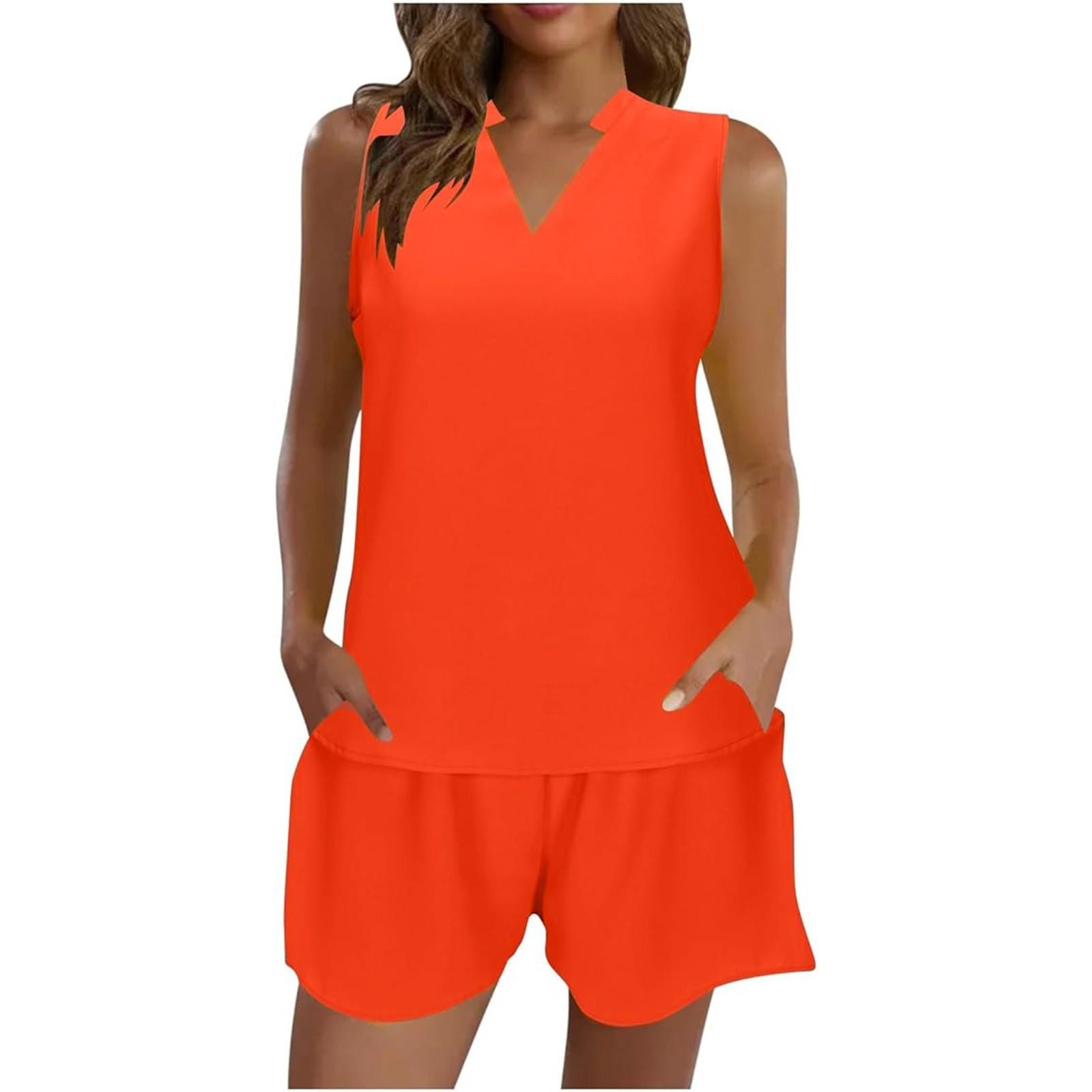 

Women s Fashionable Casual Color Standing Collar Sleeveless Shorts Set XL помаранчевий