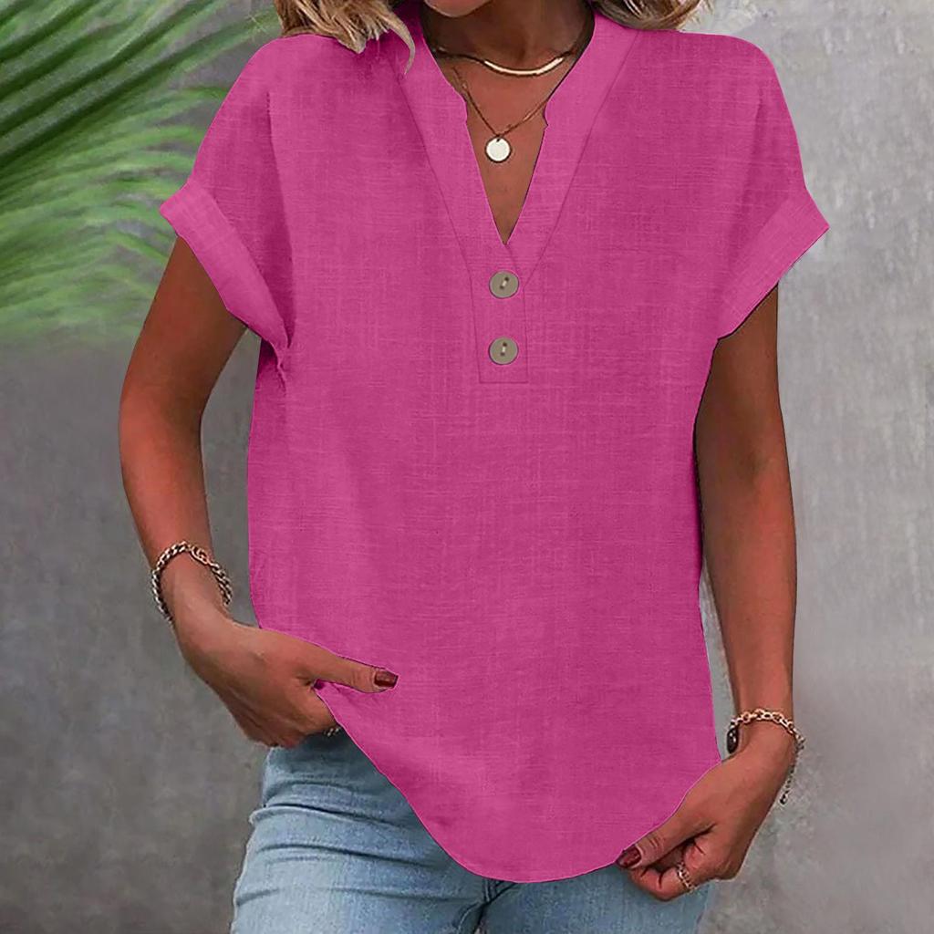 2025 Women's Solid Color V-Neck Buttoned Cotton-Linen Short-Sleeve Top