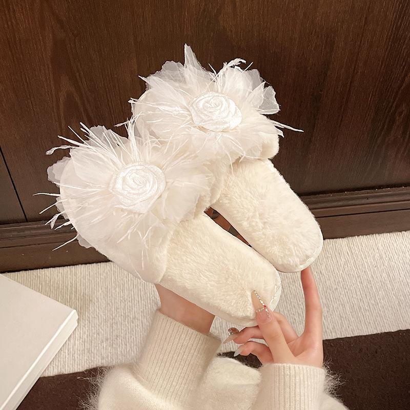 Korean version of mesh wool slippers women's 2025 spring and autumn new flower outer slippers one-word flat cotton slippers