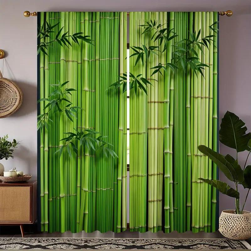 2pcs Lush Green Bamboo Printed Curtains, Designed for Light Filtering, Quality Material, Ideal for Zen Style Home Window Decorat