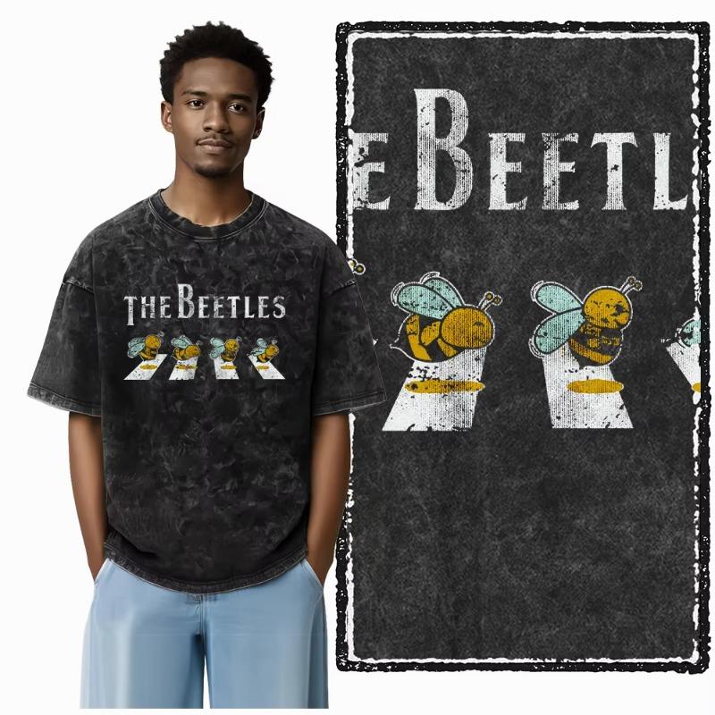 DE BEES Printed Acid Washed Cotton Exclusive Graphic Unisex T Shirt Cool Vintage Streetwear Men Tshirts Big Size Tee for Men