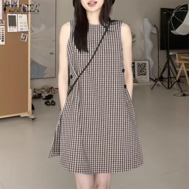 ZANZEA Women Casual Round Neck Sleeveless Plaid Print Dress Sundress
