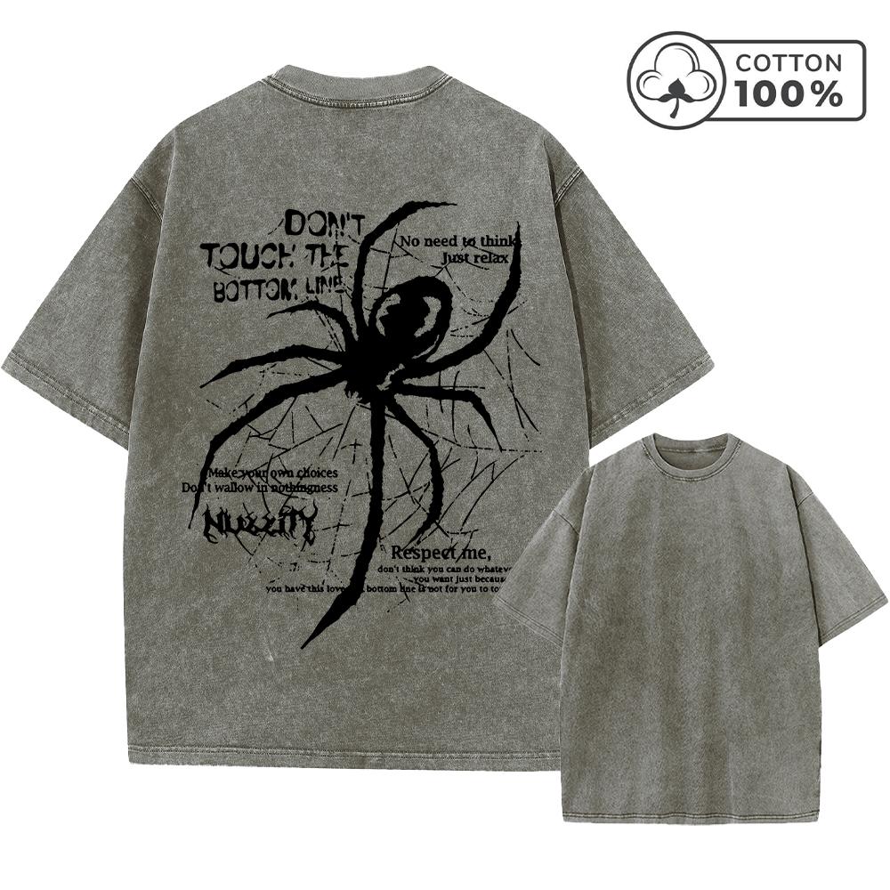 Men's Distressed Washed T-Shirt With Spider Print Retro Pure Cotton Short Sleeve Comfortable And Breathable Training Top