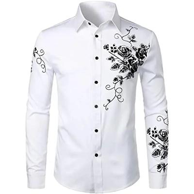 Pure White with Rose High-end Men's Long-sleeved Shirt Summer Fashion Outdoor Wear Polyester Fiber Digital Printing