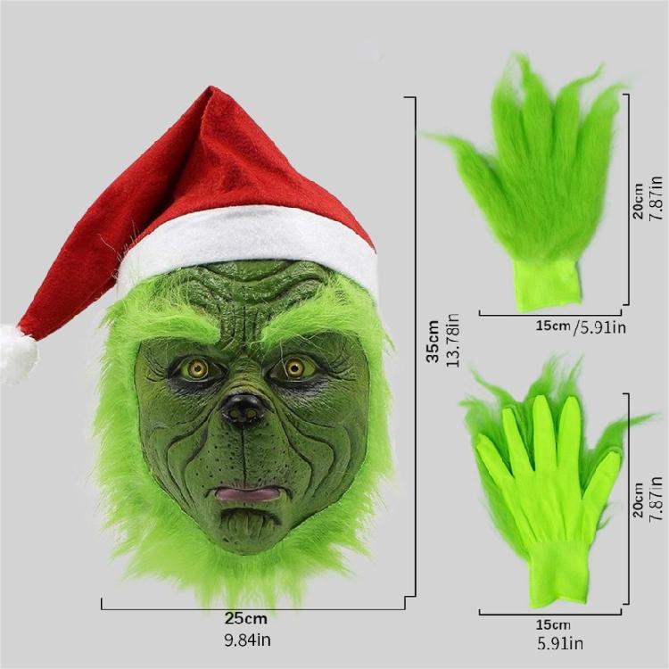 Mostri Verdi di Natale Costume di Babbo Natale Costume Cosplay di Halloween Maschera Integrale in Lattice Maschera Mostri Verdi Guanti