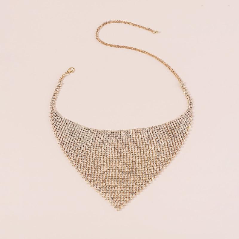 Retro Multi-row Flash Diamonds Bib Necklace Exaggerated Geometric Triangle Full Rhinestones Clavicle Chain for Female