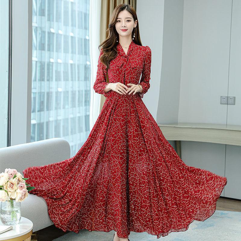 Rochie din șifon cu fundă rochie de bază imprimată cu mâneci lungi cu leagăn mare, cu flori, fustă lungă, mărime mare, îmbrăcăminte pentru femei, talie, țesătură subțire, subțire