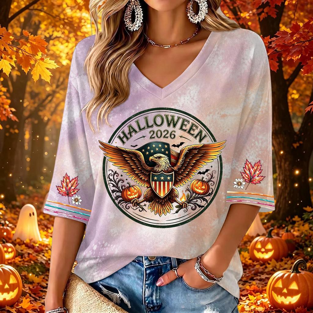 Women's Casual V-Neck Three-Quarter Sleeve Halloween Print Top