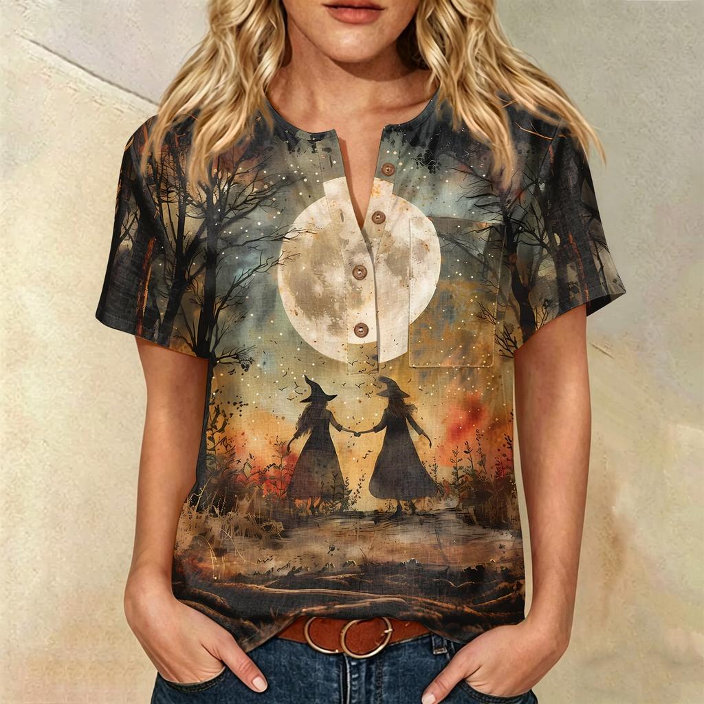 Women's Casual Short Sleeve Henley Shirt Cotton Linen Blend Chest Pocket Halloween Print Button Neck Blouse Lightweight Summer Top