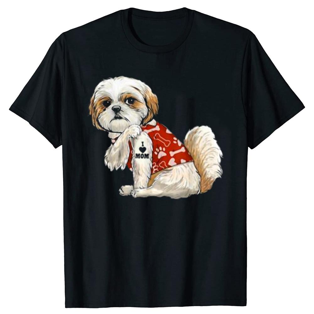 Vintage Funny I Love Mom Tattoo Shih Tzu Mom T Shirt Men Women Fashion Tee Shirts Oversized Cotton Casual Streetwear T-shirts