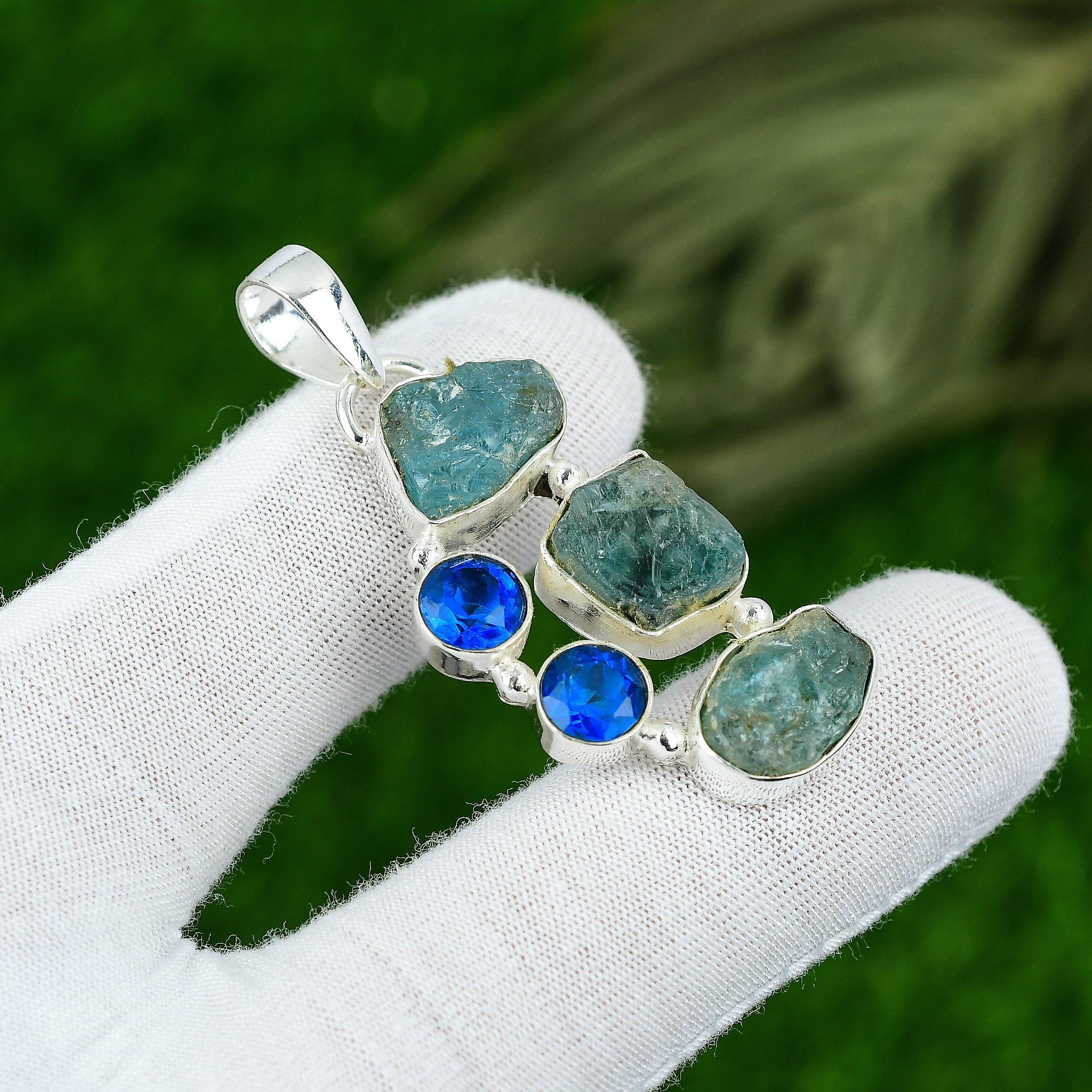 

Pentagon Natural Aquamarine Rough Blue Topaz New Pendant Jewelry Sterling Silver