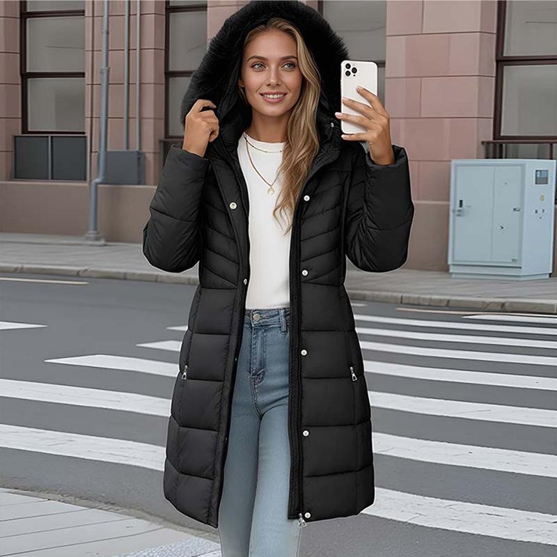 Women's medium and long cotton-padded clothes, thickened large size cotton-padded clothes, slim-fitting fashionable winter clothes, large fur collar