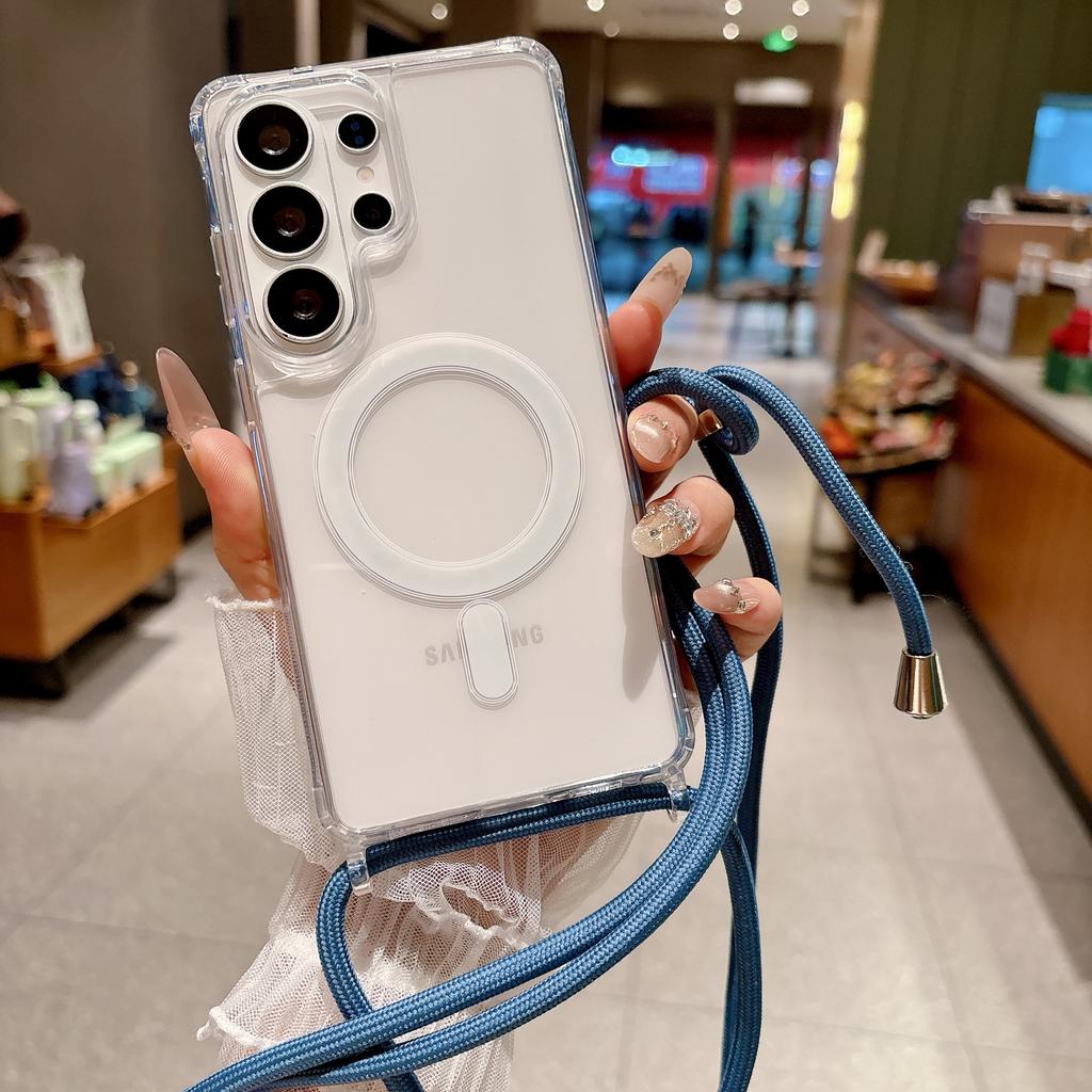 For MagSafe Magnetic Crossbody Strap Clear Phone Case for Samsung Galaxy S26 S25 Ultra S24 S23 Plus Transparent Shockproof Cover