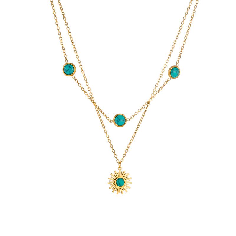 18K Gold Plated Layered Turquoise Sun Pendant Necklace, Dainty Double Chain Boho Choker for Women, Trendy Jewelry