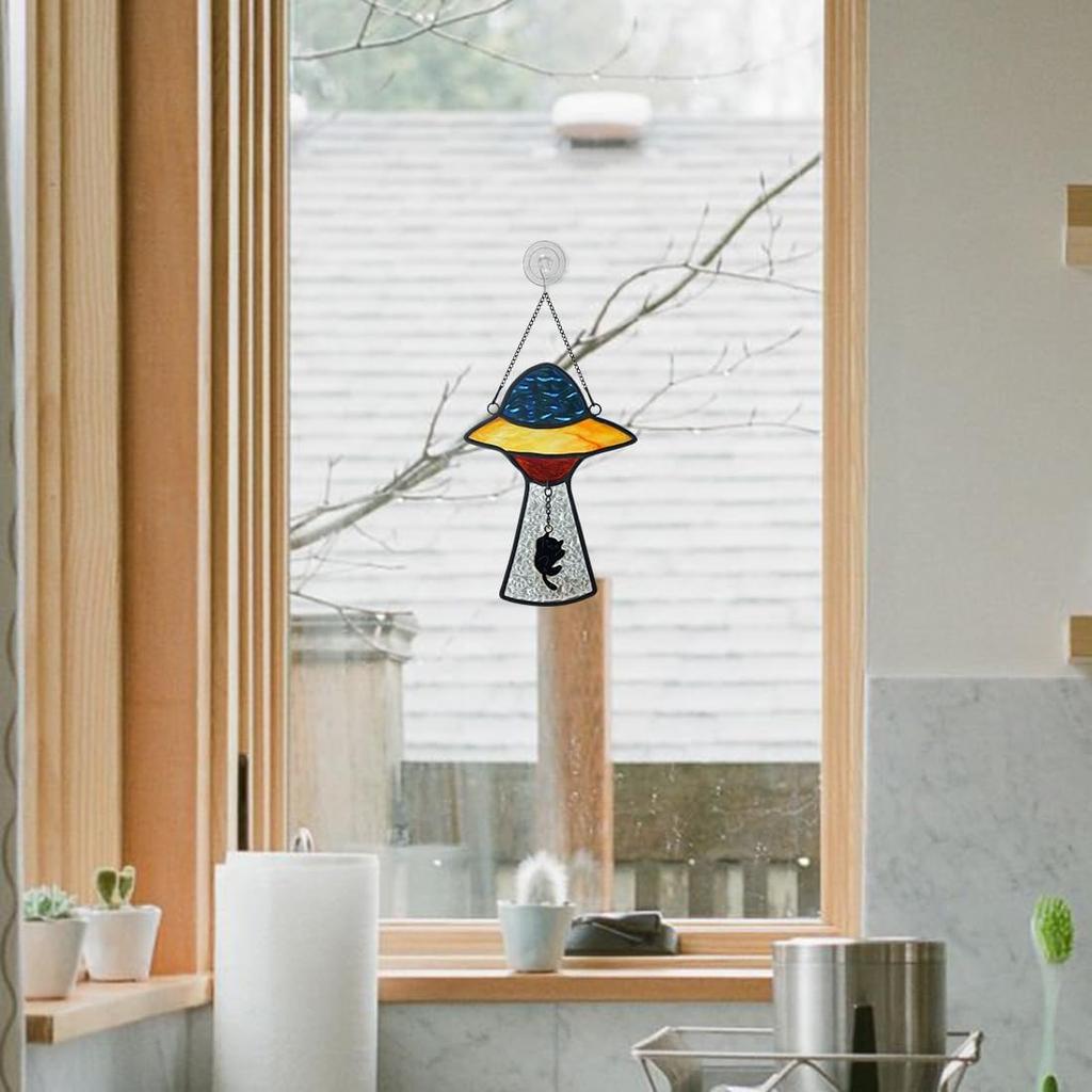 BOXCASA Alien UFO Decor - Stained Glass Window Hanging Suncatcher Showcasing a Cat Abduction Scene, Perfect Alien Lover Gift, Suitable for Alien