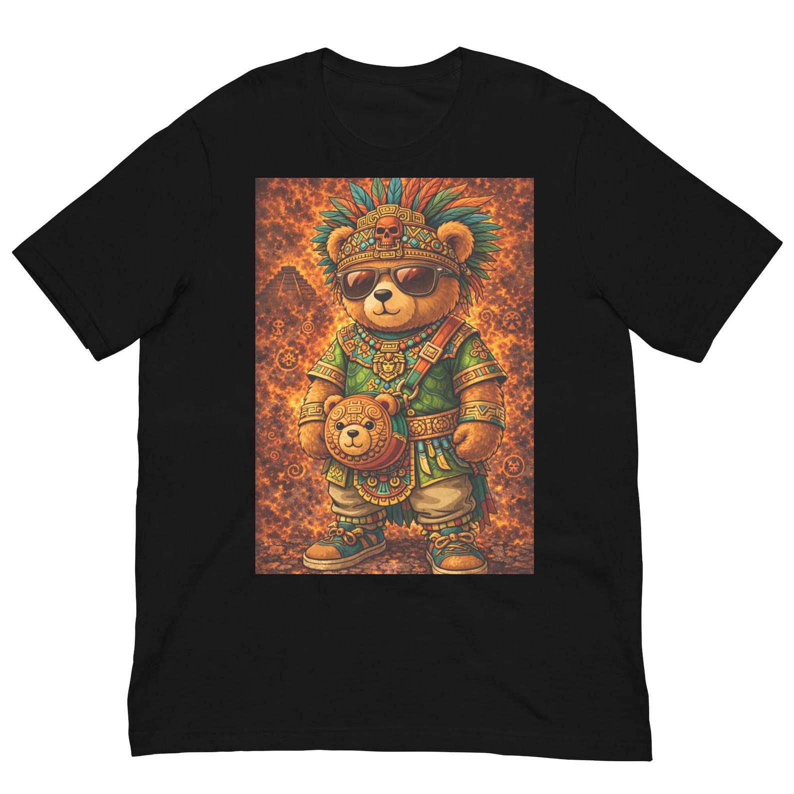 Aztec Teddy Bear Warrior T-Shirt, Tribal Bear Graphic Tee, Cute Mesoamerican Bear Shirt L