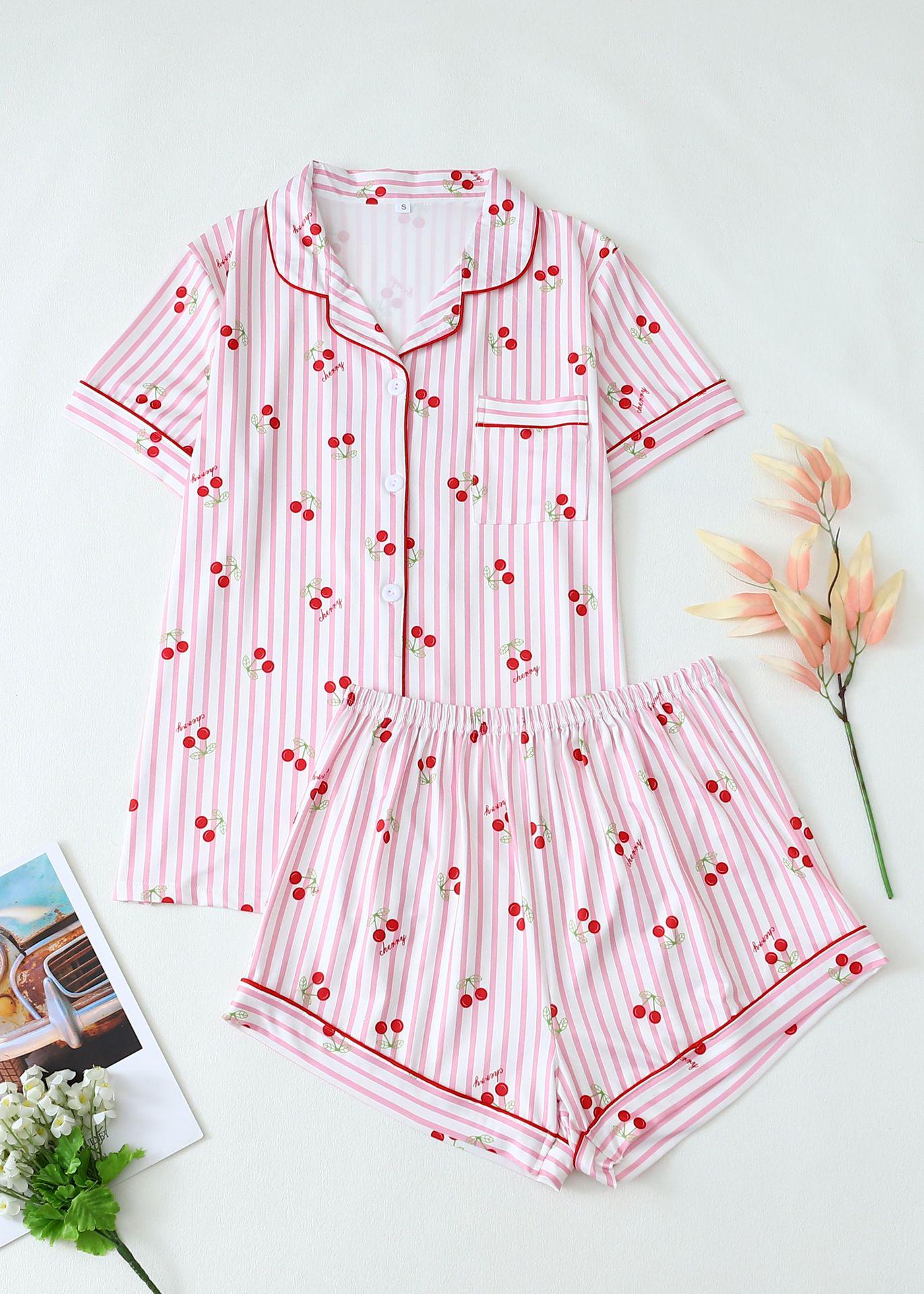 Cherry Print Milk Silk Short Sleeve Pajama Set (2025 Edition) Small