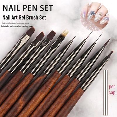 Sandalwood Nail Art Brush Set: Round & Flat Gel Brushes, Liner, Gradient, Lace & Dotting Tools